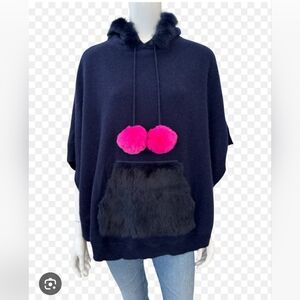Cortland Park Val Thornes Navy Hot Pink Pom Pom Cashmere Poncho Sweater S SM NWT